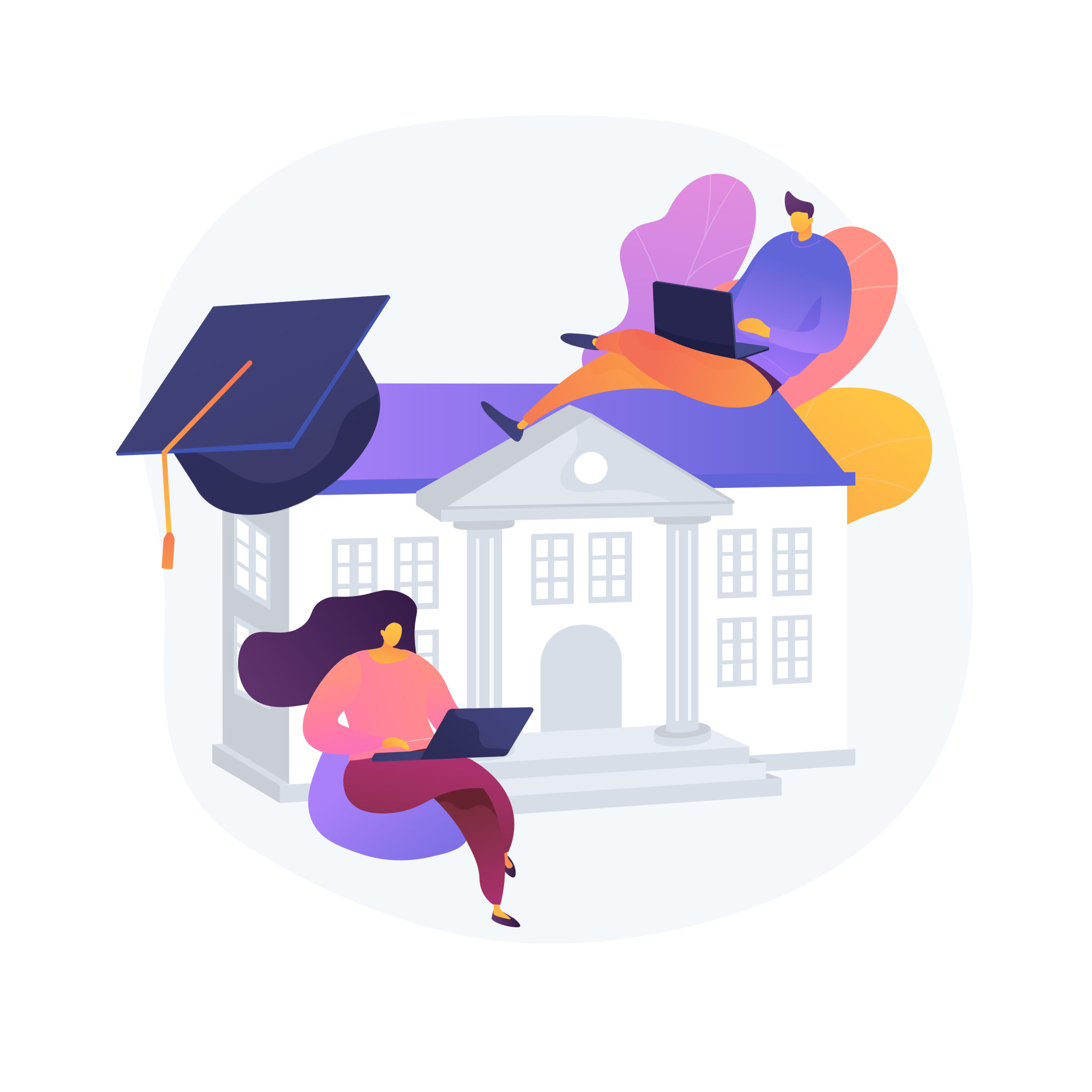 People studying remotely, e learning. Home education, distance learning, online college. University students with laptops, internet training courses. Vector isolated concept metaphor illustration